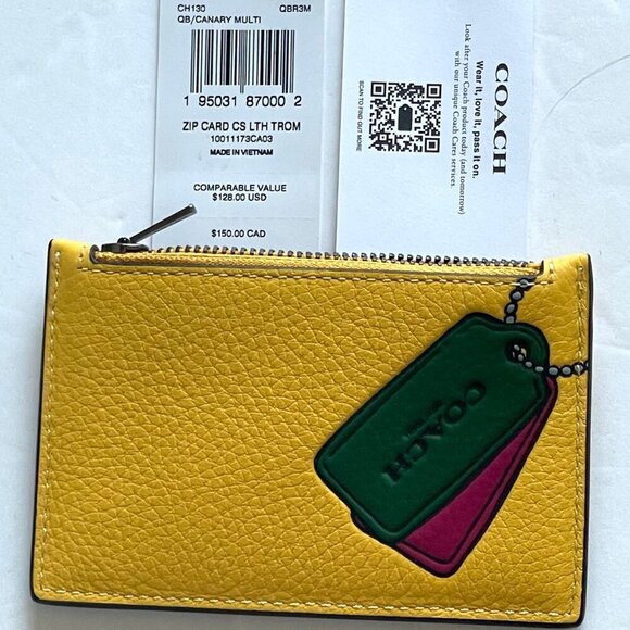 Coach Zip Card Case Wallet Mens Yellow Pebbled Leather Slim Trompe L'oeil CH130 - Picture 4 of 6